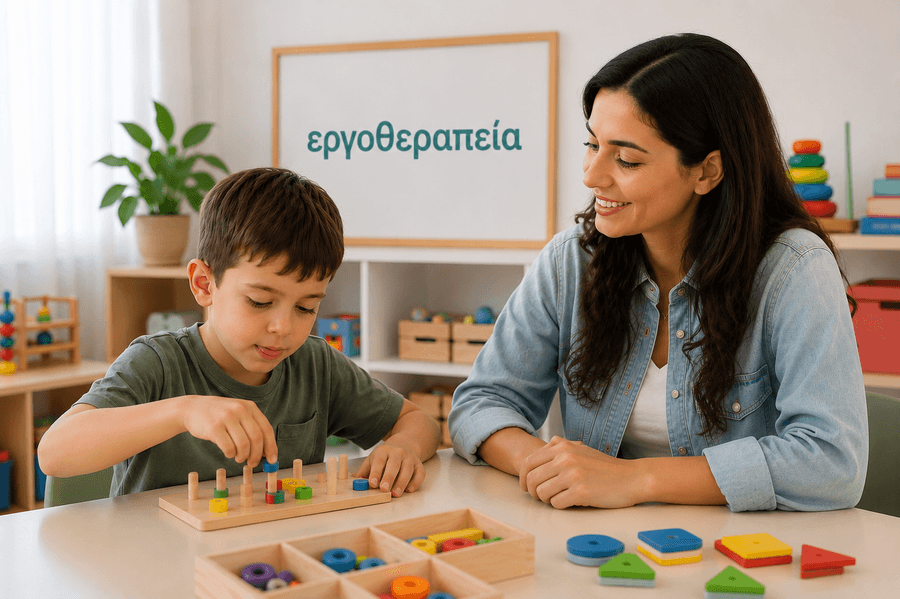 Παιδί κάνει εργοθεραπεία με θεραπεύτρια
