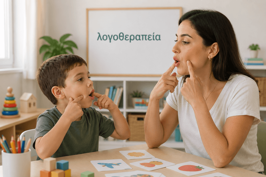 Παιδί κάνει λογοθεραπεία με θεραπεύτρια